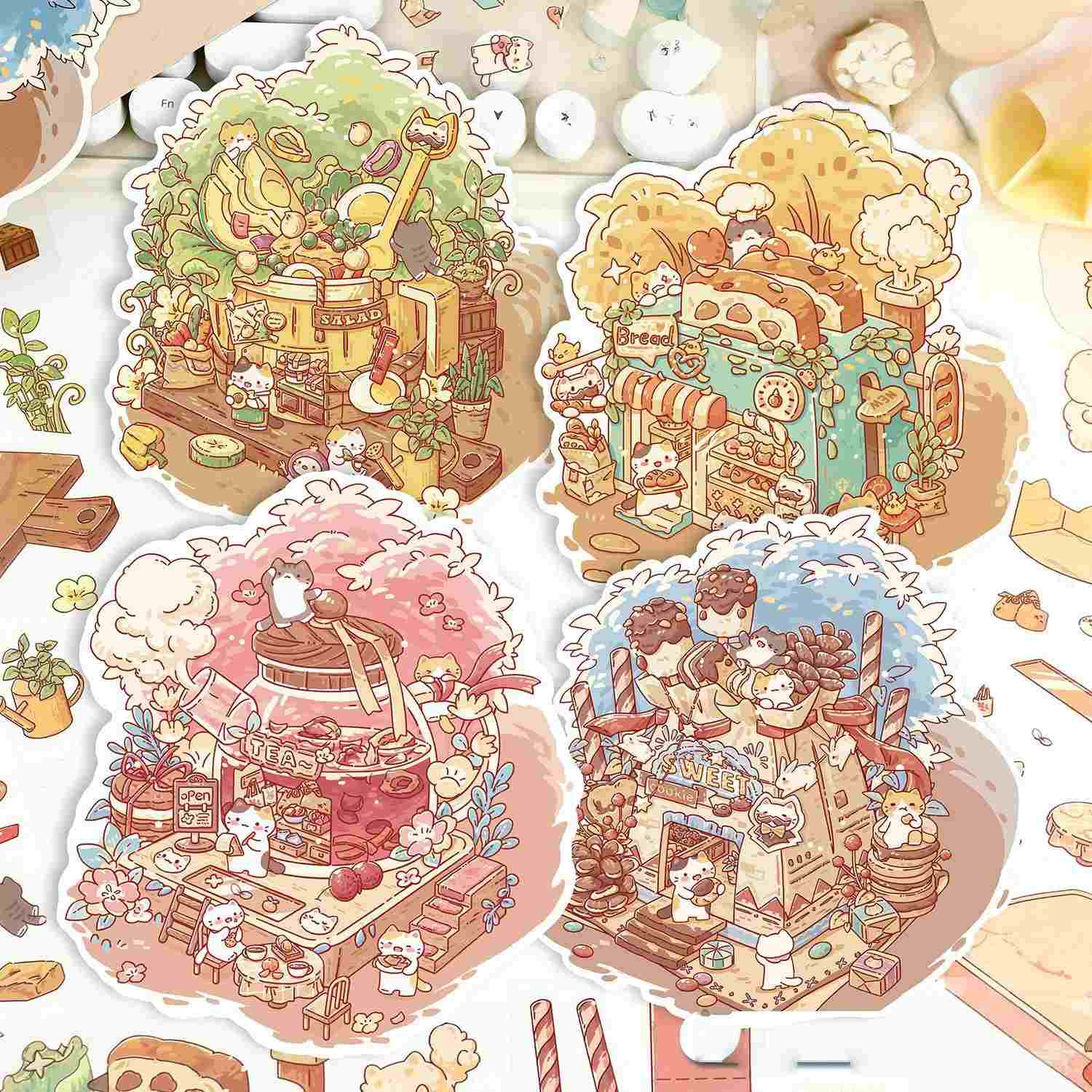 [Standard] 2.5D Scenic Stickers: Avocado Salad & Soft Toast House & Chenpi Rose Teapot & Chocolate House