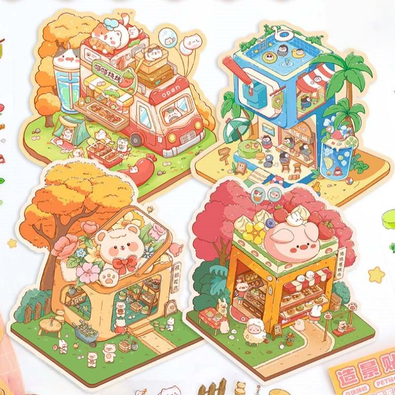 [Standard] 2.5D Scenic Stickers: Cat Barbecue & Penguin Ice House & Bear Flower Shop & Pig Cake Shop