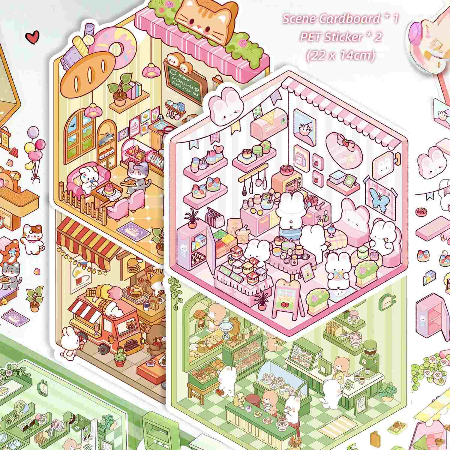 [Standard] 2.5D Scenic Stickers: Cat Cake House & Rabbit Dessert Shop & Puppy Burger Shop & Little Bear Bakery