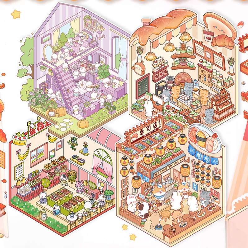 [Standard] 2.5D Scenic Stickers: Cat Apartment & Cake Store & Bread Shop & Sushi Restaurant