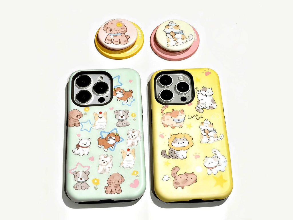 Cute Cartoon Cats and Dogs Pattern Phone Case with Magnetic Phone Grip, Fresh Style Hard Case - Stylish & Protective, Model Updated to iPhone 17