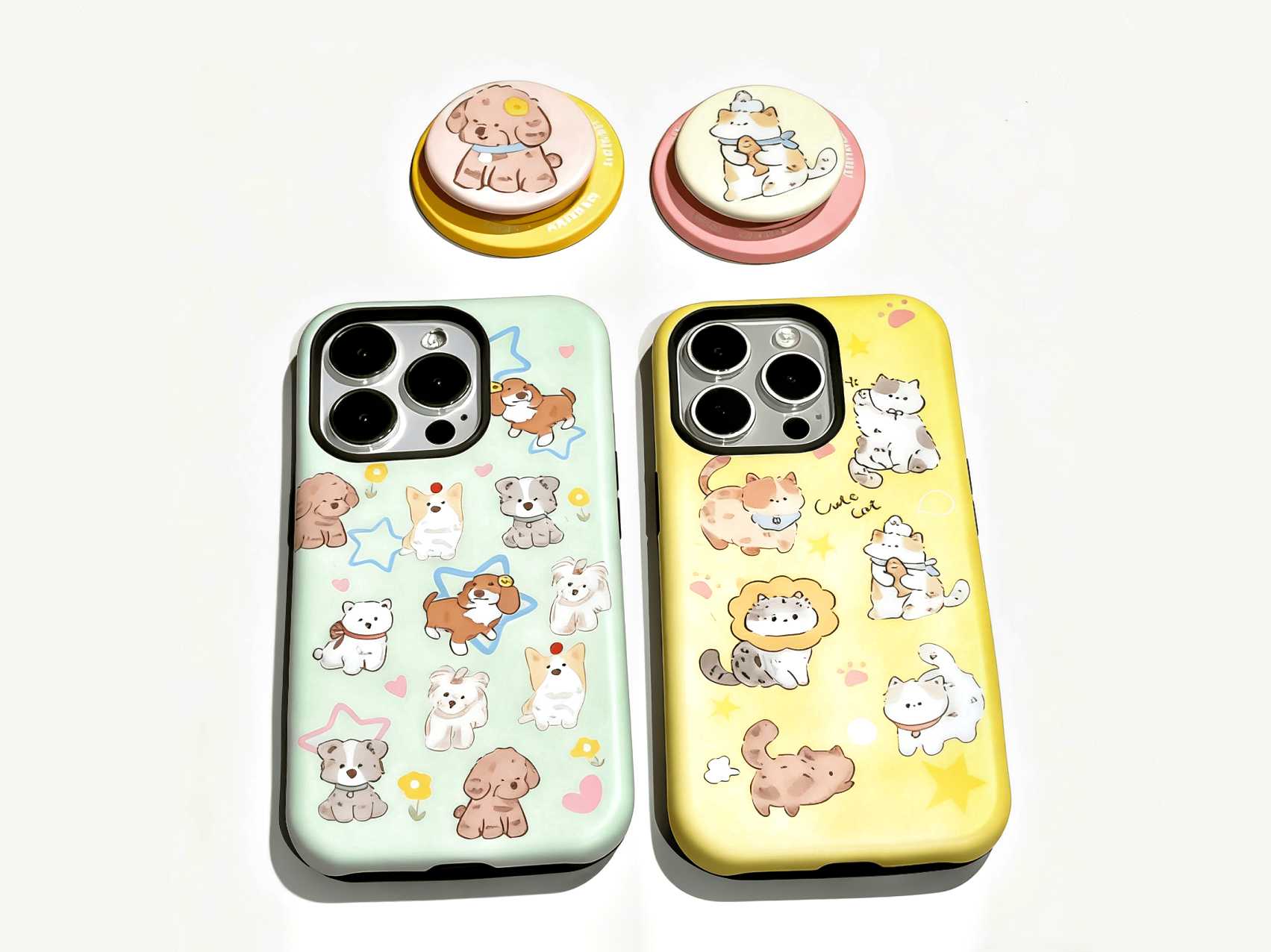 Cute Cartoon Cats and Dogs Pattern Phone Case with Magnetic Phone Grip, Fresh Style Hard Case - Stylish & Protective, Model Updated to iPhone 17