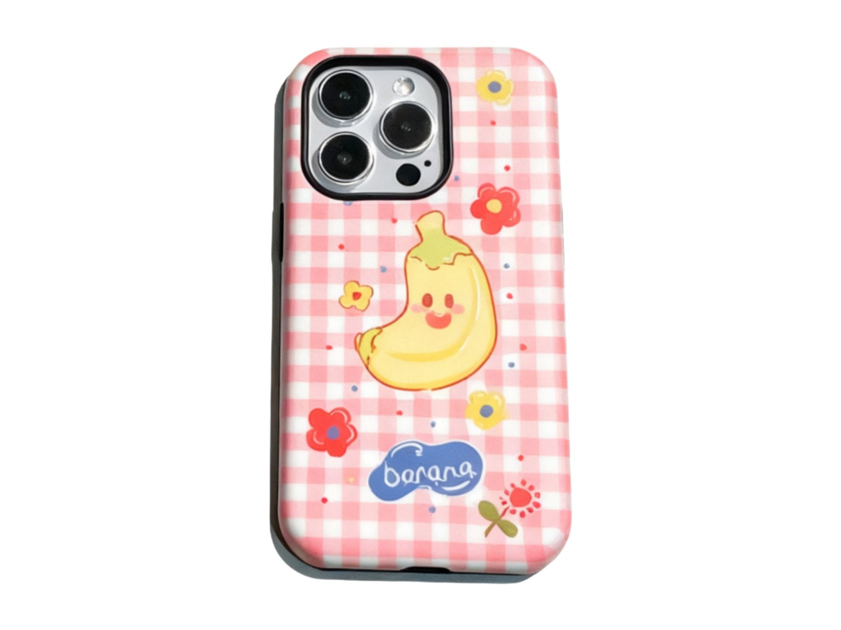 Cute Gingham Pattern Phone Case with Magnetic Phone Grip, Apple & Banana Cartoon Design Hard Case - Stylish & Protective, Model Updated to iPhone 17