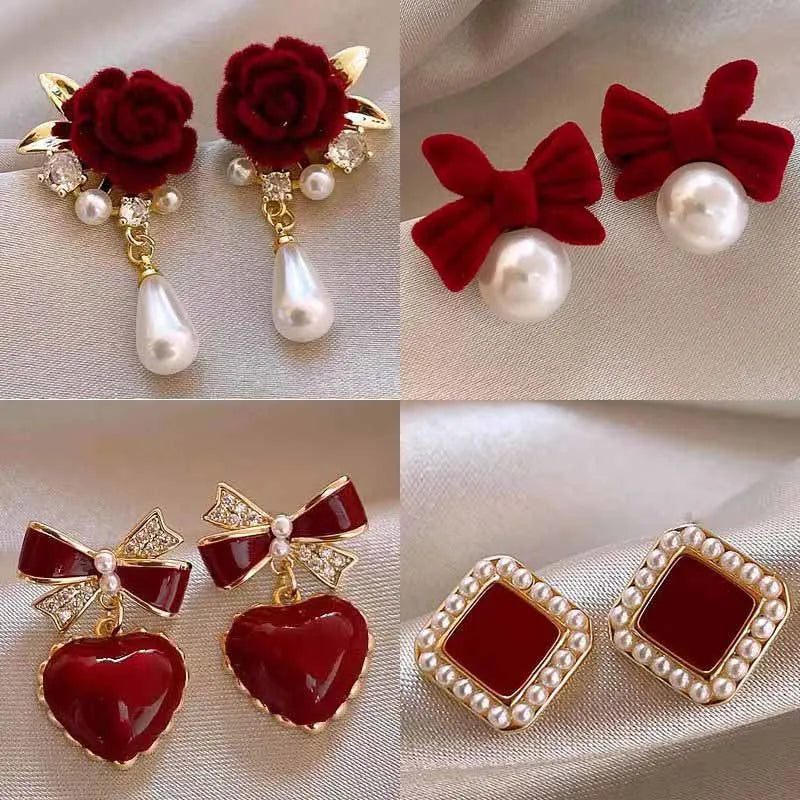Red velvet earrings 4 pairs— a perfect match for winter and Christmas!