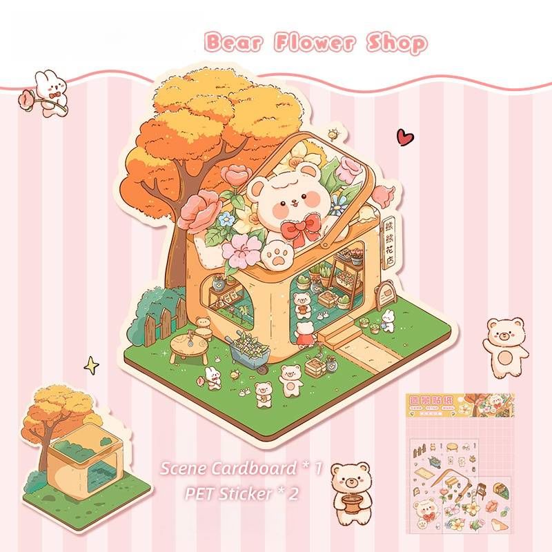 [Standard] 2.5D Scenic Stickers: Cat Barbecue & Penguin Ice House & Bear Flower Shop & Pig Cake Shop