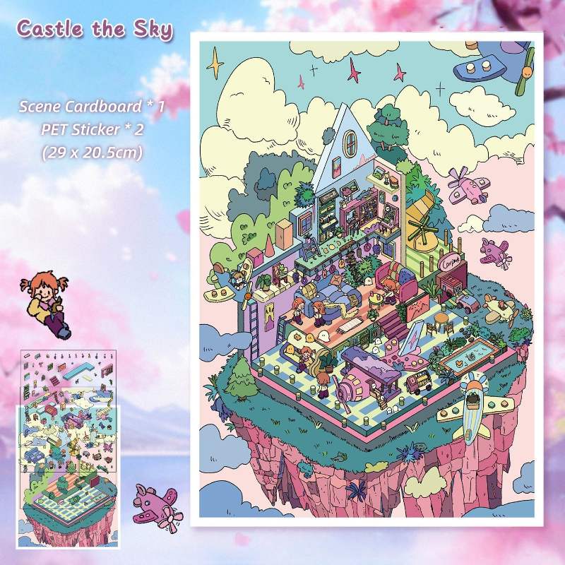 [Large] 2.5D Scenic Stickers: Time Traveler & Castle the Sky