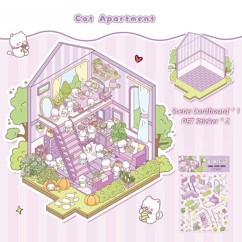 [Standard] 2.5D Scenic Stickers: Cat Apartment & Cake Store & Bread Shop & Sushi Restaurant