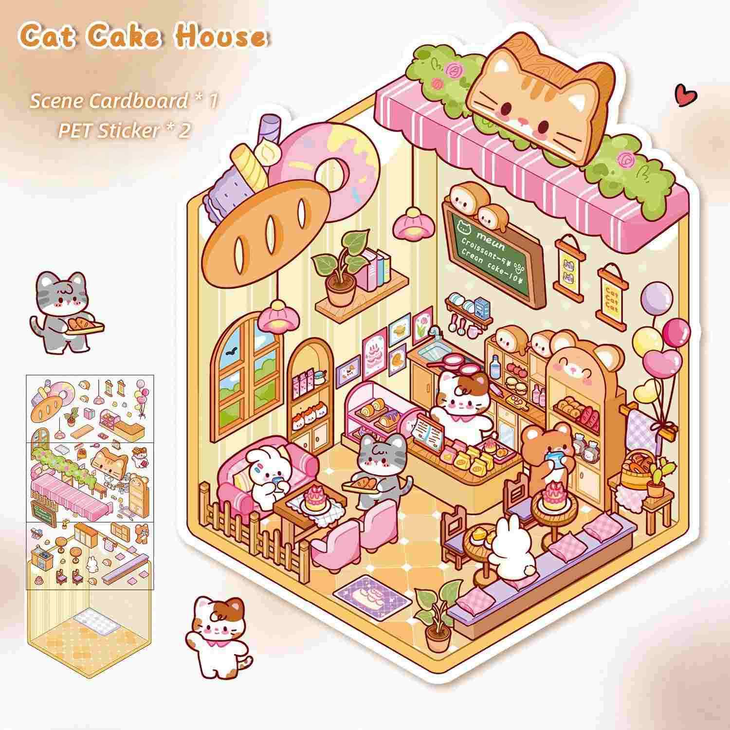[Standard] 2.5D Scenic Stickers: Cat Cake House & Rabbit Dessert Shop & Puppy Burger Shop & Little Bear Bakery