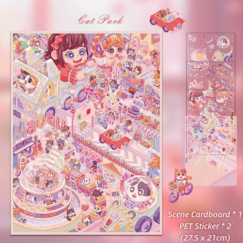 [Large] 2.5D Scenic Stickers: Cat Park & Alice's Dream