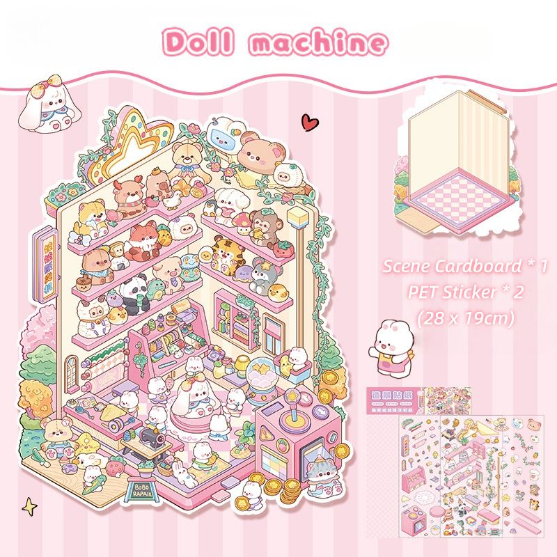 [Large] 2.5D Scenic Stickers: Strawberry Rabbit & Doll Machine