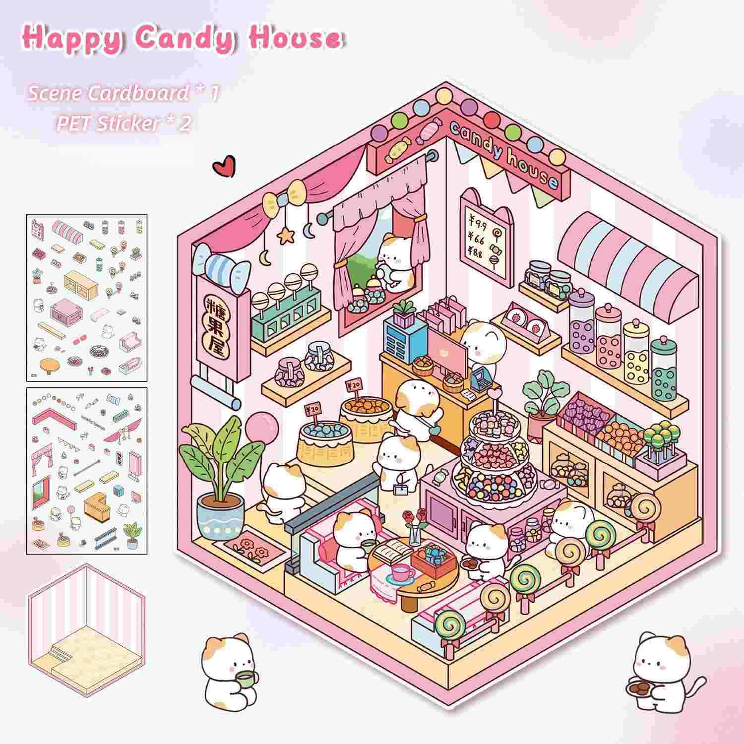 [Standard] 2.5D Scenic Stickers: Warm Bread Shop & Happy Candy House & Peach Fruit House & Kitten Bakery