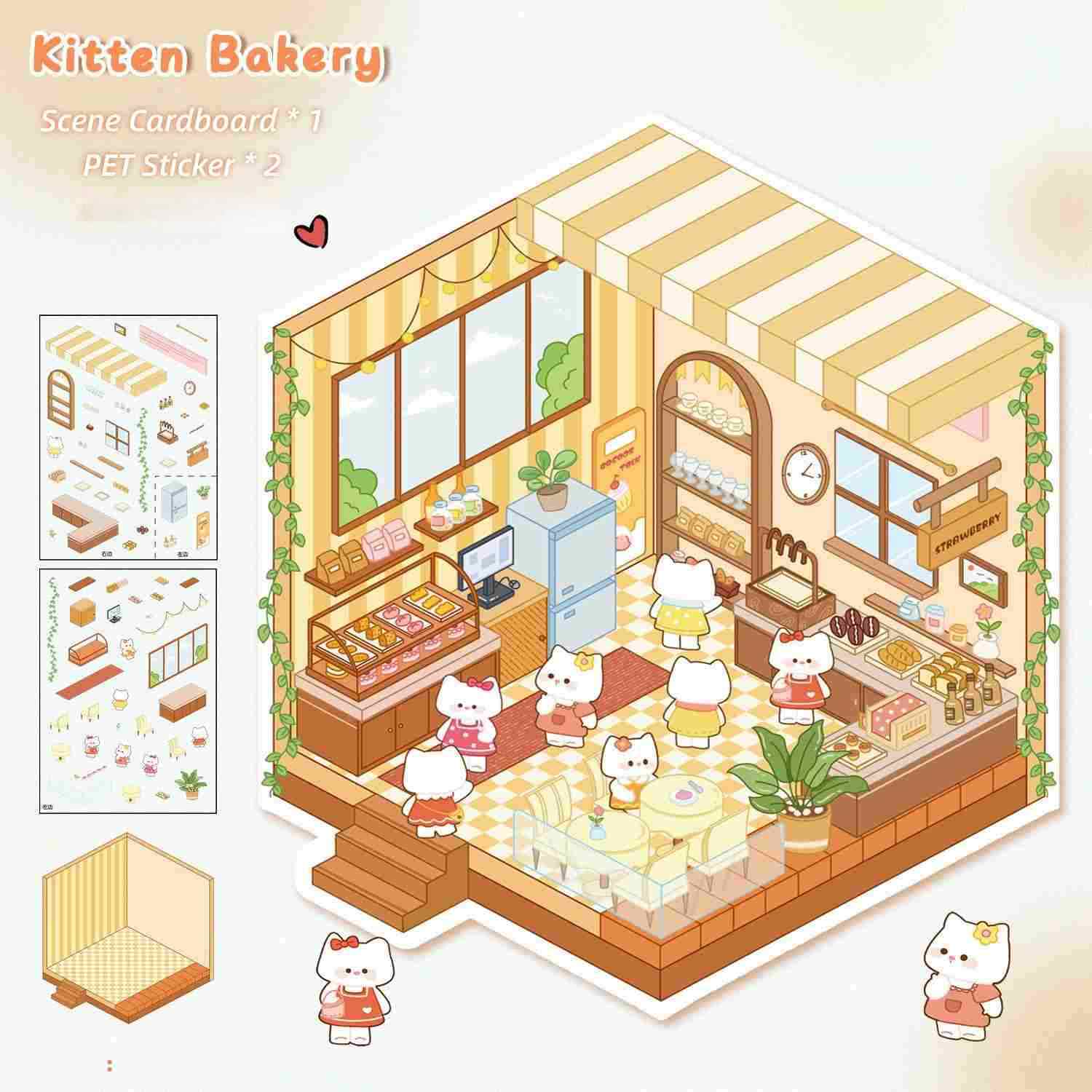 [Standard] 2.5D Scenic Stickers: Warm Bread Shop & Happy Candy House & Peach Fruit House & Kitten Bakery