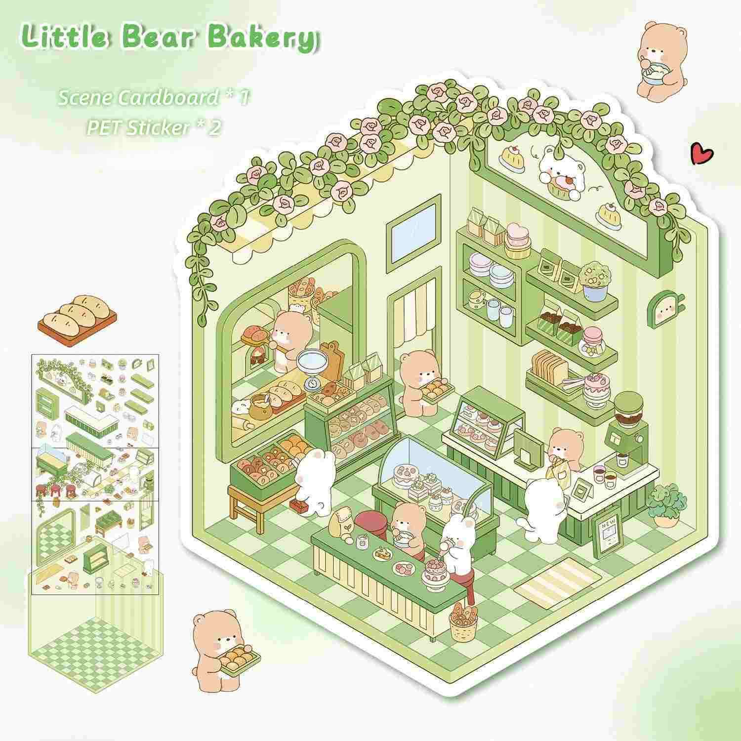 [Standard] 2.5D Scenic Stickers: Cat Cake House & Rabbit Dessert Shop & Puppy Burger Shop & Little Bear Bakery