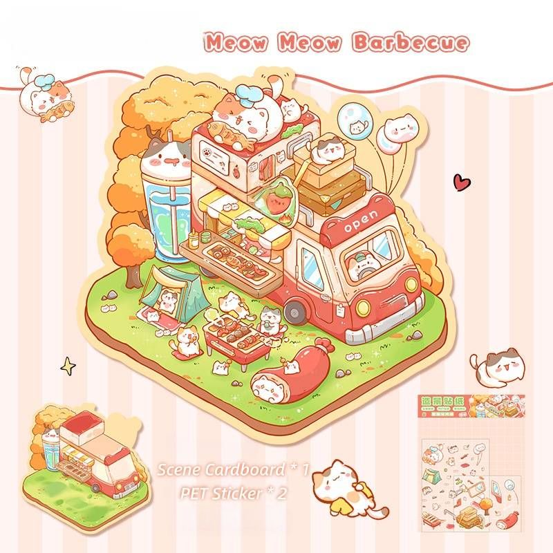 [Standard] 2.5D Scenic Stickers: Cat Barbecue & Penguin Ice House & Bear Flower Shop & Pig Cake Shop