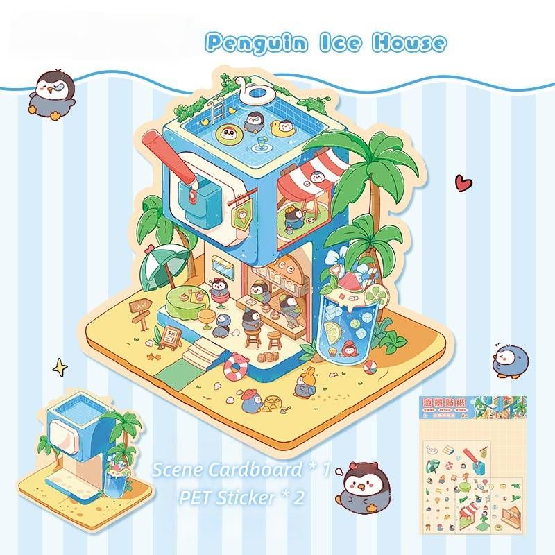 [Standard] 2.5D Scenic Stickers: Cat Barbecue & Penguin Ice House & Bear Flower Shop & Pig Cake Shop