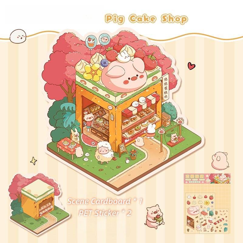 [Standard] 2.5D Scenic Stickers: Cat Barbecue & Penguin Ice House & Bear Flower Shop & Pig Cake Shop