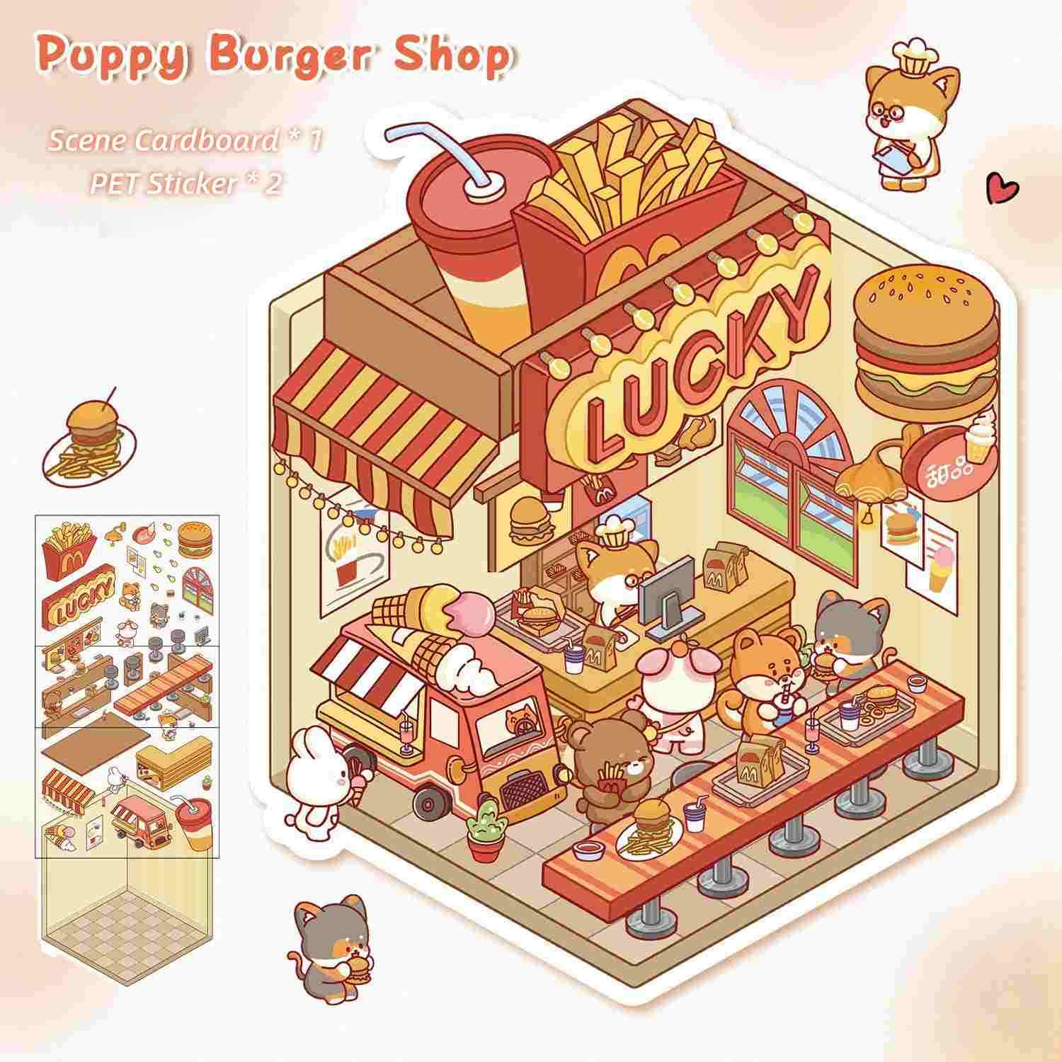 [Standard] 2.5D Scenic Stickers: Cat Cake House & Rabbit Dessert Shop & Puppy Burger Shop & Little Bear Bakery