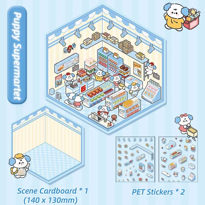 [Standard] 2.5D Scenic Stickers: Bear Bakery & Capibala Restaurant & Puppy Supermarket & Rabbit Clothing Store