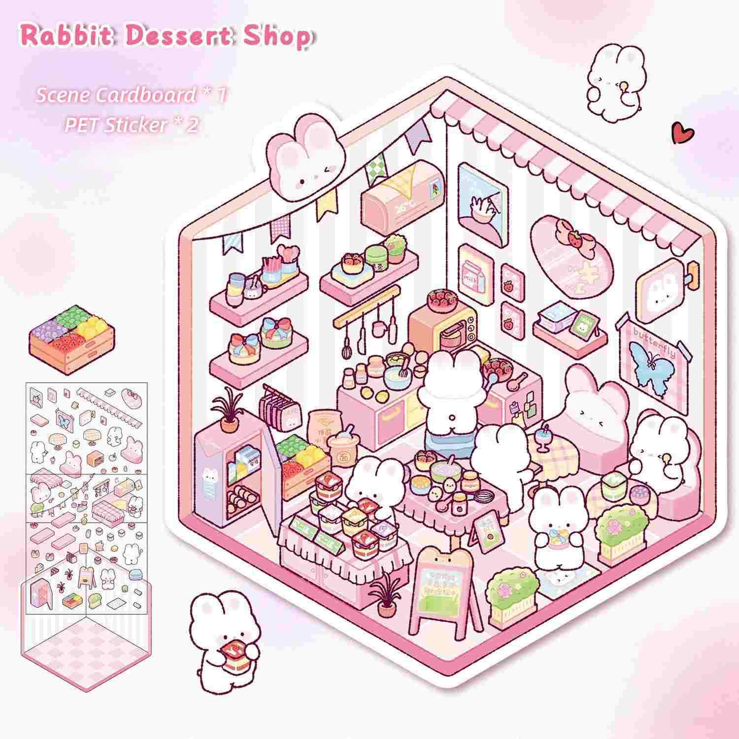 [Standard] 2.5D Scenic Stickers: Cat Cake House & Rabbit Dessert Shop & Puppy Burger Shop & Little Bear Bakery
