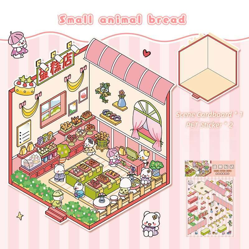 [Standard] 2.5D Scenic Stickers: Cat Apartment & Cake Store & Bread Shop & Sushi Restaurant