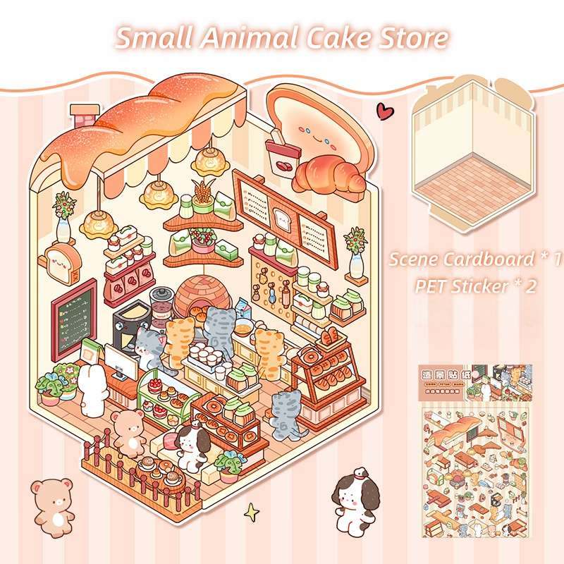 [Standard] 2.5D Scenic Stickers: Cat Apartment & Cake Store & Bread Shop & Sushi Restaurant