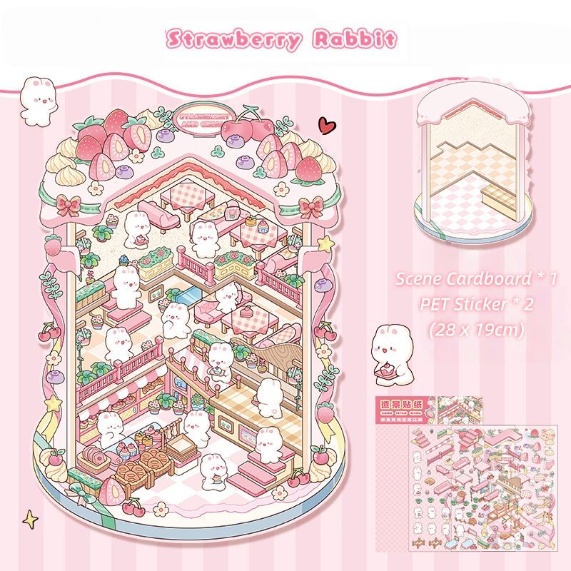 [Large] 2.5D Scenic Stickers: Strawberry Rabbit & Doll Machine