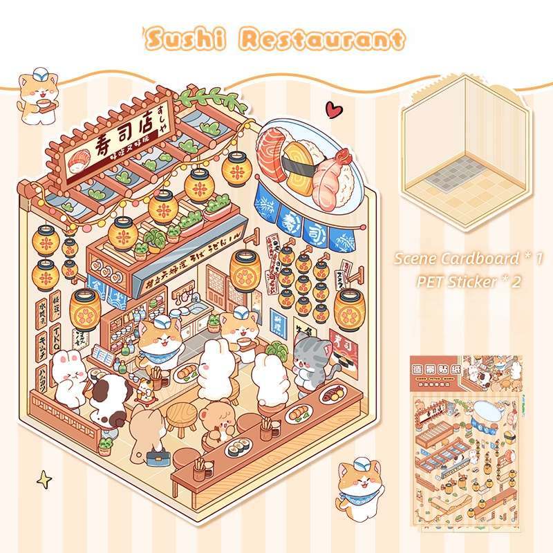 [Standard] 2.5D Scenic Stickers: Cat Apartment & Cake Store & Bread Shop & Sushi Restaurant