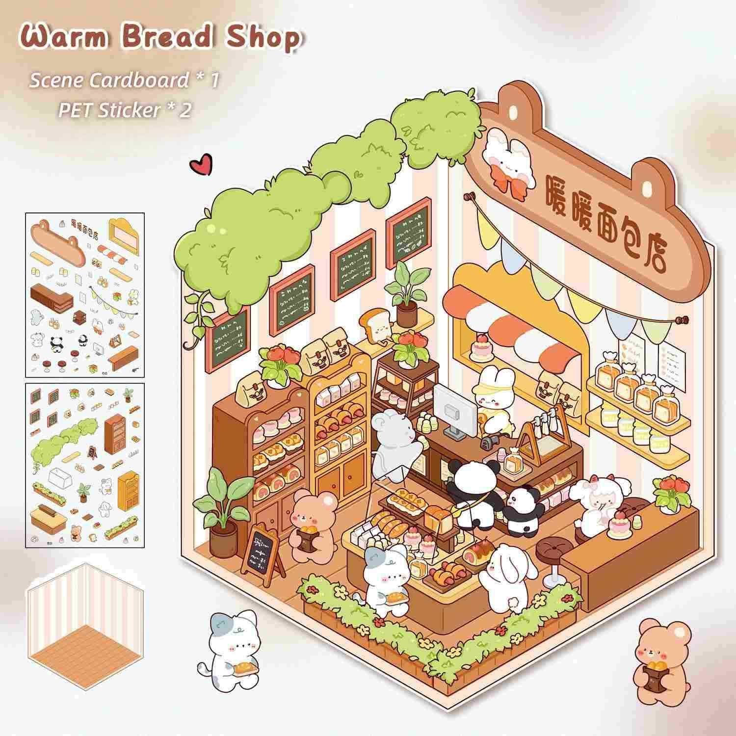 [Standard] 2.5D Scenic Stickers: Warm Bread Shop & Happy Candy House & Peach Fruit House & Kitten Bakery