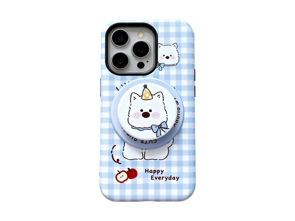 Vibrant Checkered Cute Dog Phone Case with Magnetic Grip, Blue/Pink/Red Colors, PC Material for Durable Phone Protection, Model Updated to iPhone 17